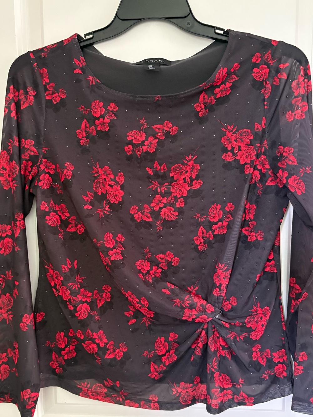 Tahari Black Long-Sleeve Twist-Front Top with Red Floral Print SZ-LG